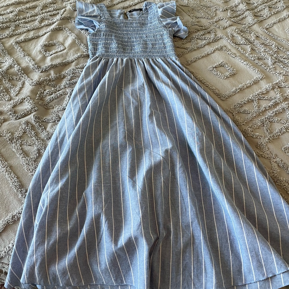 Flutter sleeve smocked blue striped dress